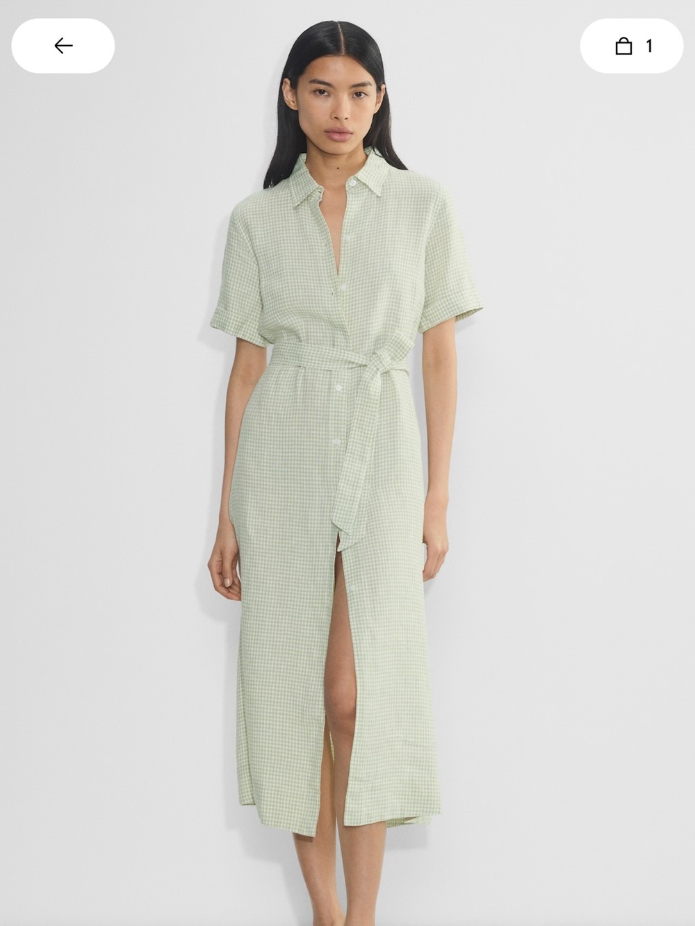 ARITZIA Linen Light Green Gingham Button-Front Shirt Dress